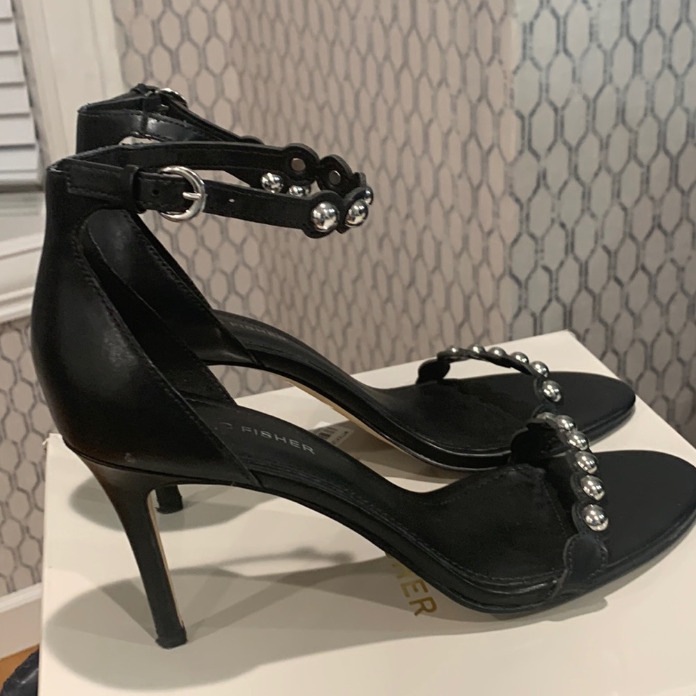 Marc Fisher Black leather sandals with chrome beading on ankle strap and toe